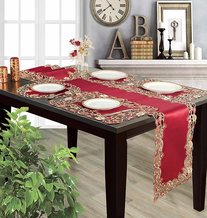 Decozen Set of 8 Doilies for Table, Lace Doilies Rustic Farmhouse Kitchen Dining Table Centerpiece Decor, 15 Inch Gold Burgundy Round Placemats for Home, Valentines Day Gifts, Valentines placemats