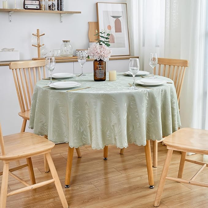 Round Tablecloth 80 Inch Fabric Green Table Cloth Leaves Pattern Scalloped Edge Silky Soft Tablecloth Waterproof Washable Table Cover for Kitchen Dining Outdoor Birthday Party Banquet
