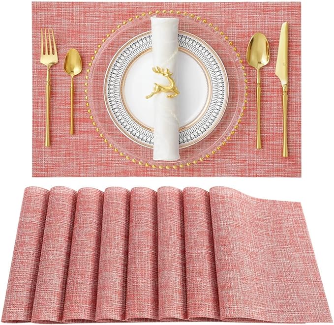 Placemats Set of 8 Heat- PVC Woven Stain Anti-Skid Table Mats Washable for Kitchen Table(Pink)