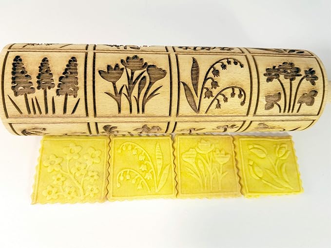 SPRING FLOWERS Embossing Rolling Pin with 16 Different Flowers in Squares. Dough and Clay Roller for Embossed Cookies and Pottery. Cookie and Ceramic Stamp. Baking Gifts for Women by Algis Crafts