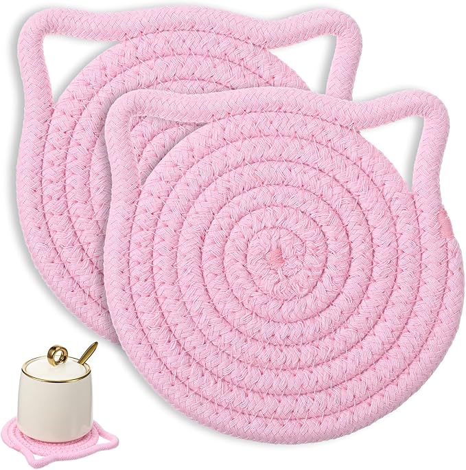 2 Pcs Pink Cute Coaster for Desk, 5.12 inch Cat Ear Shaped Coasters, Absorbent Handmade Fabric Drink Coasters for Coffee, Tea, Fall House Warm Home Décor, Protect The Wooden Tabletop Surface (Pink)