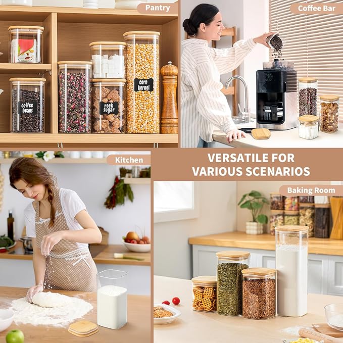 51 Oz Glass Storage Jars with Bamboo Lids - 3 Pack Clear Glass Canisters Square Airtight Stackable Ideal for Pantry Storage Containers Great for Storing Oats Coffee Beans Pasta Flour Rice etc