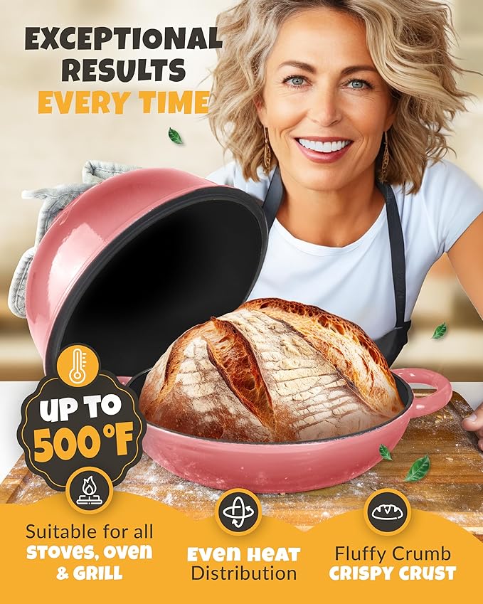Dutch Oven Bread Baking - 5QT Enamel Bread-Oven - incl Sourdough Bread-Baking Suppliers like Dough Whisk Scoring Lame etc Bread-Dome Cast Iron Bread-Pan with Lid for Sour dough, Bread-making