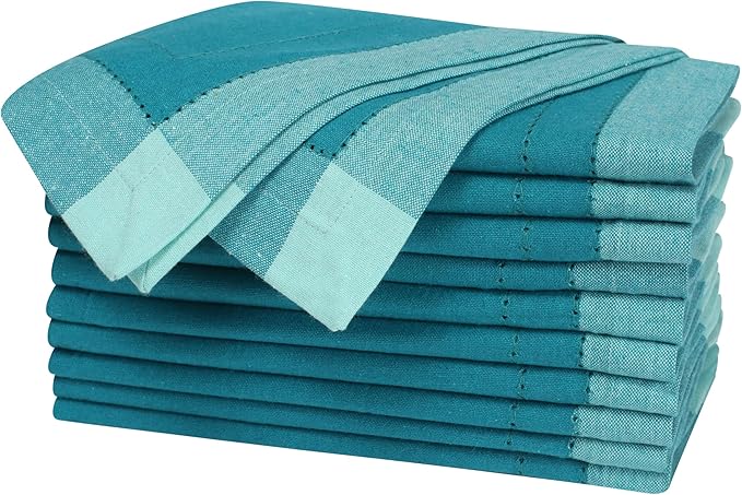 Homidate Cotton Cloth Dinner Napkins Set of 12 – 20x20 Teal Multi Double Hemstitched – Machine Washable Reusable Fabric Napkins for Weddings & Dinner Tables