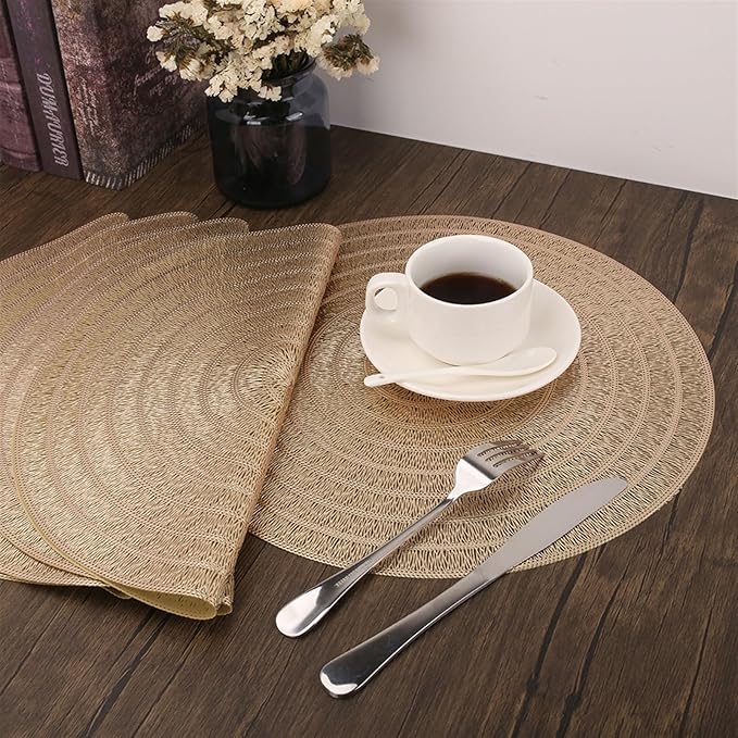 38CM Round Placemats Set of 4/6/8 for Dining Table Washable Round PVC Table Mats Kitchen Table Mats(Gold,4 Pieces)