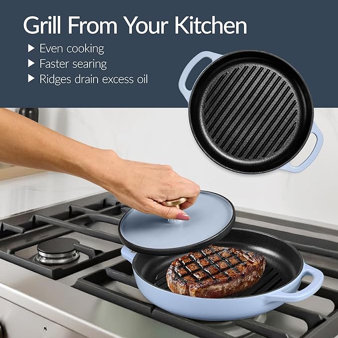 Best Choice Products Non-Stick Pot & Pan Cookware Set, Cast Iron, 2Qt Skillet W/Lid, 10" Grill Or Griddle Pan W/Press, 6Qt Enameled Dutch Oven, Non-toxic, For Cooking & Grilling - Cornflower