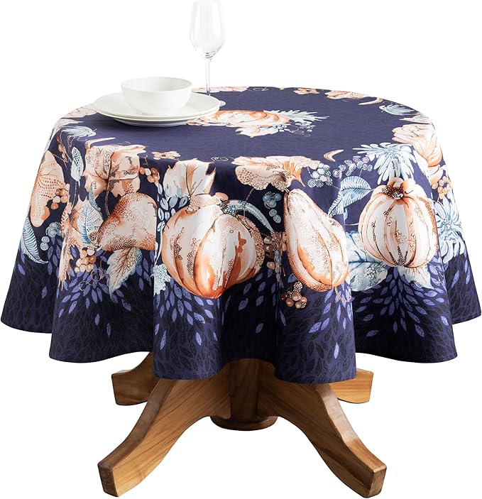 Maison d' Hermine Table Cloth Round Table 100% Cotton 63 Inches Fall Tablecloth Reusable Everyday Use for Thanksgiving Christmas Decorations Dining Farmhouse Party (Pumpkin Blues)