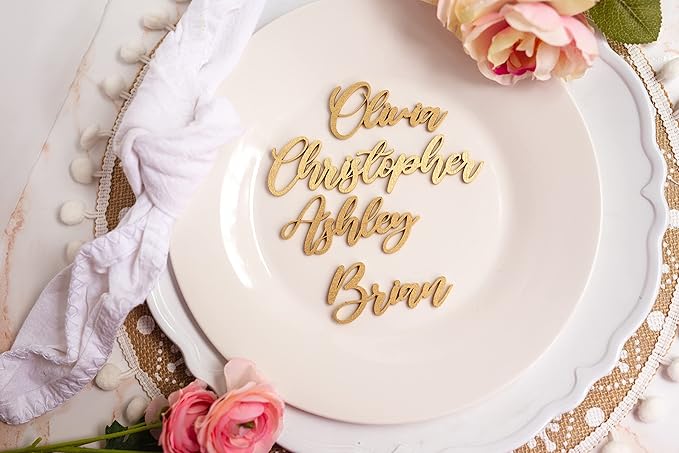 Customized Wooden Name Tags for Place Setting, Personalized Place Cards for Weddings, Bridal Showers and Events, Cursive Laser Cut Seating Cards (Gold)
