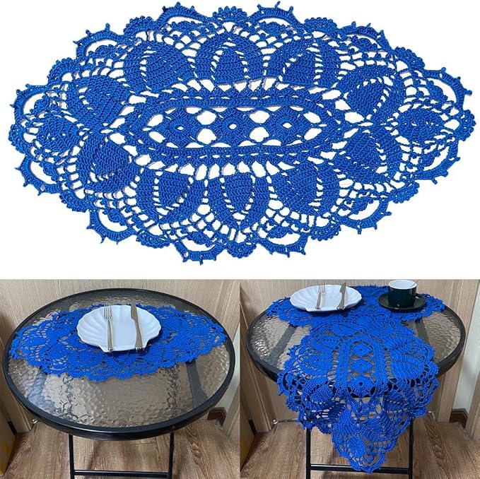 BIBITIME 12 x 22 in Lace Tablecloth Doily Handmade Crochet Placemat Women Bedroom Vase Mat Kitchen Table Runner (1PC, Blue)