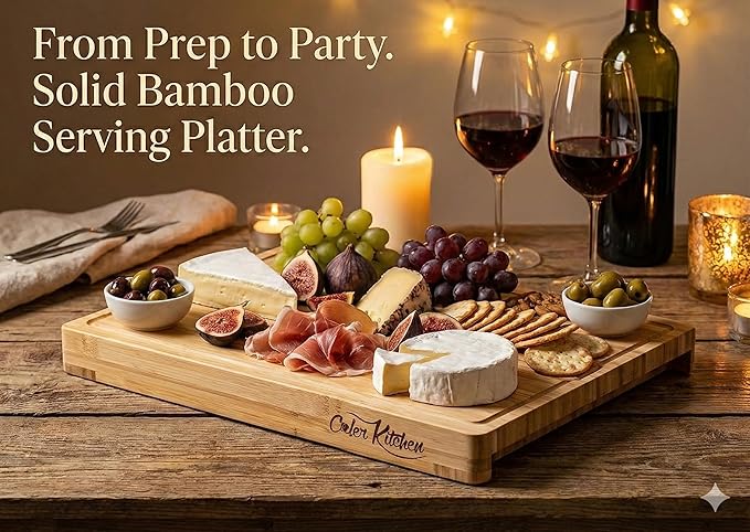 Cooler Kitchen Wooden Cutting Boards for Kitchen with 6 Flexible Plastic Mats - Meal Prep and Serving, Easy Clean Bamboo Cutting Board and Dishwasher Safe Plastic - Large Wood Cutting Board Set