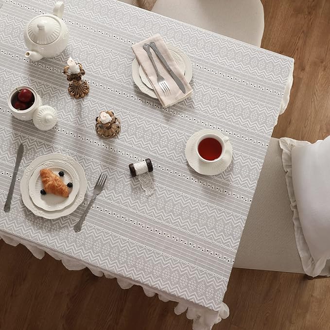 patdrea Vintage White Lace Tablecloth,Design Embroidered Cotton Ruffle Table Cloth for Rectangle Table,Elegant Rustic Fabric Decorations for Wedding Party Thanksgiving Christmas 55"*87"