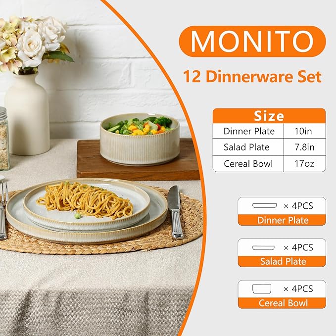 MONITO 12PCS Stoneware Plates and Bowls Sets, Ceramic Dinnerware Sets for 4, Reactive Glaze Dish Set, Chip and Scratch Resistant Double, Microwave and Dishwasher Safe, Beige