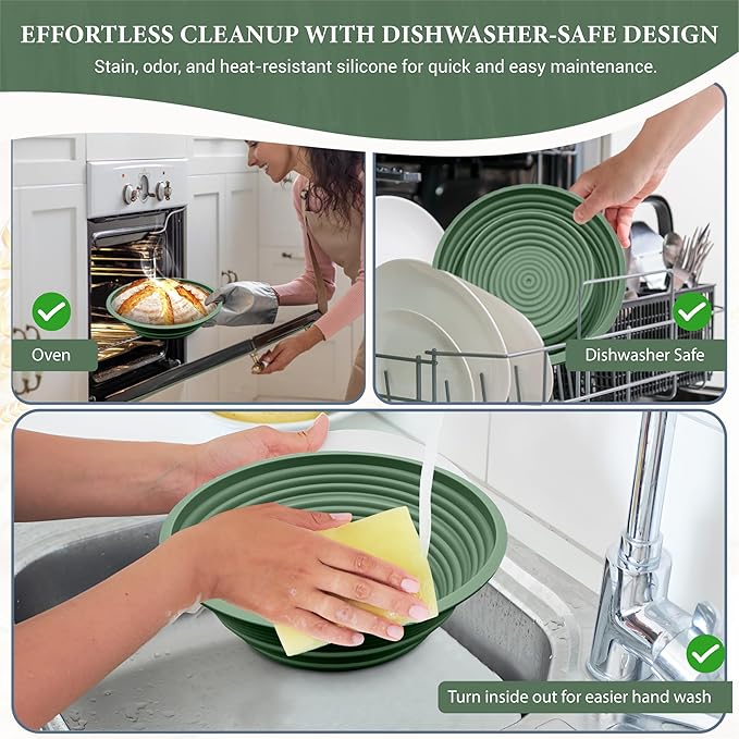 Premium Silicone Sourdough Banneton Bread Proofing Basket - Includes Oval & Round Foldable proofing Bowls (9.5 Inch) - Oven & Dishwasher Safe, Gifts for Artisan Bakers - Sage Green