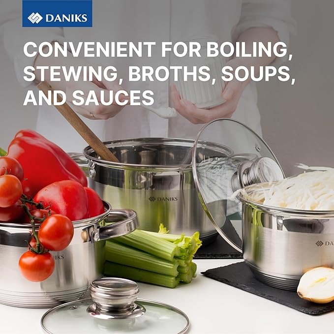 Daniks Standard 6-Piece Stainless Steel Cookware set with Glass Lid, Try-Ply Bases for Even Heating, Induction Compatible, Dishwasher Safe, Built-In Measuring Scale, Silver