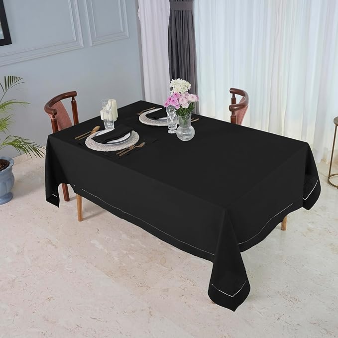 D'Moksha Homes Black Linen Tablecloth 60 x 156 Inch - 100% Pure Linen Black Tablecloth for Rectangle Tables - Classic Hemstitch, Machine Washable Table Cloth for Spring, Easter