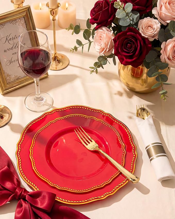 Hioasis 350pcs Red Gold Plastic Plates - Red Plastic Dinnerware Set Includes 50 Dinner Plates, 50 Dessert Dinnerware, 50 Cups, 50 Pre-rolled Napkins Perfect for Wedding & Party