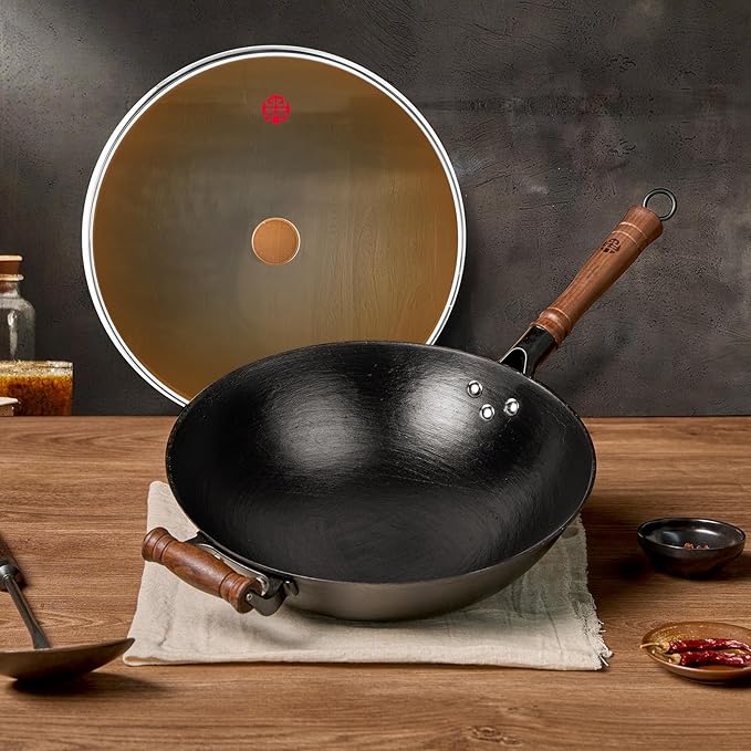 WANGYUANJI 12.6" Cast Iron Wok - Traditional Round Bottom (Requires Wok Ring for Stability) - Uncoated Clay Mold Turtle Texture (Not Cracks) - Authentic Chinese Stir Fry Pan for Gas Stoves