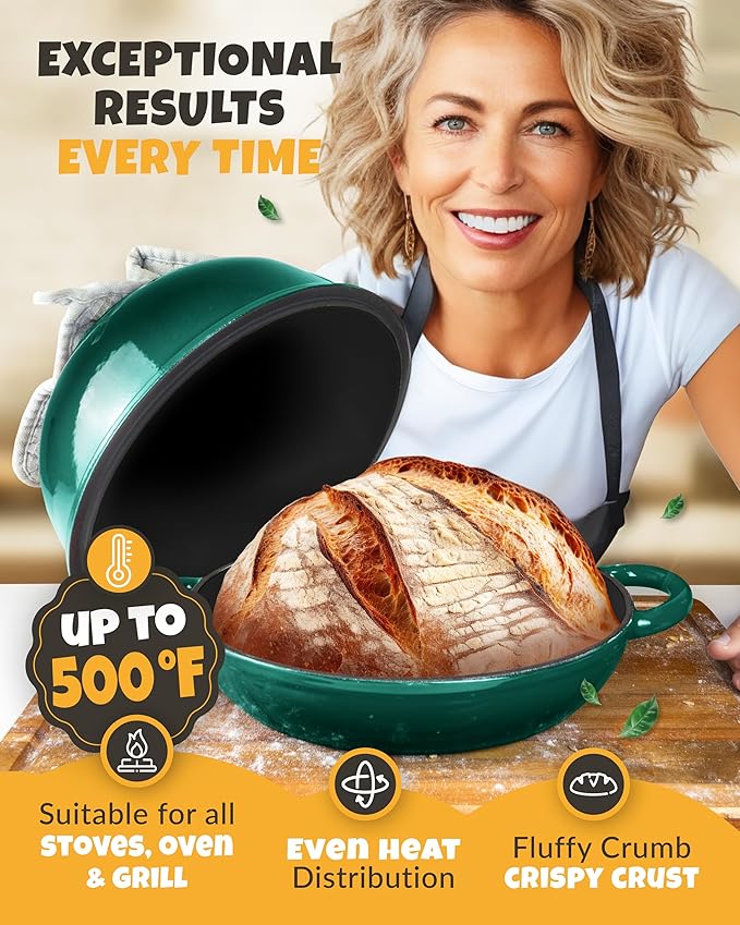 Dutch Oven Bread Baking - 5QT Enamel Bread-Oven - incl Sourdough Bread-Baking Suppliers like Dough Whisk Scoring Lame etc Bread-Dome Cast Iron Bread-Pan with Lid for Sour dough, Bread-makingBottle Green Dome