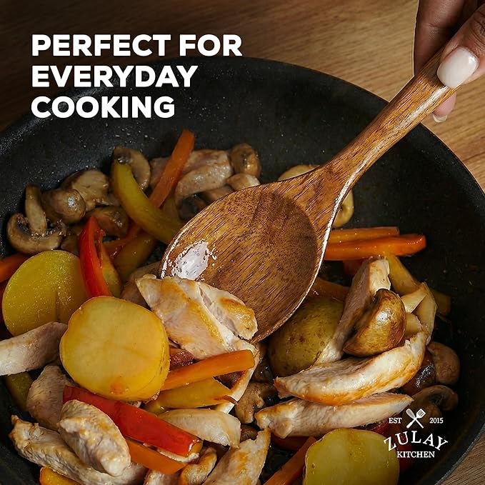 Zulay Kitchen 6-Piece Wooden Spoons for Cooking - Smooth Finish Teak Wood Utensils - Soft Comfort-Grip Cooking Wood Spoons Non-Stick Teak Easy to Clean Utensils Heat Resistant Non-Scratch Spoon Sets