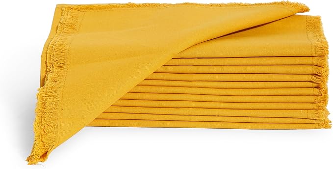 Lightnpro Cotton Napkins Set of 12, Beautiful Handmade Fringe Dinner Cloth Napkins, Washable and Reusable for Dining, Parties, Weddings, Holiday & Everyday Use - 18x18 Inch Mustard