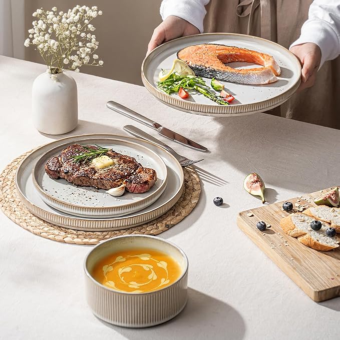 Ceramic Dinnerware Set 12 Piece – Plates and 22oz Bowls Set for 4, Scratch Resistant, Microwave & Dishwasher Safe, Beige