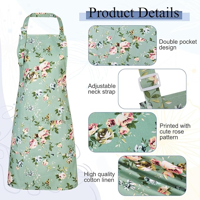 Auidy_6TXD 3 Pack Floral Aprons for Women, Adjustable Kitchen Aprons with 2 Pockets Vintage Cute Rose Floral Apron Chef Bakers Apron for Cooking Baking Gardening Apron Gift for Mom Wife Sister Grandma