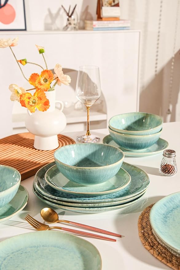 Modern Plates and Bowls Sets 12-Piece Ceramic Dinnerware Set for 4 Blue Kitchen Plates and Bowls Microwave Dishwasher and Oven Safe Stackable Tableware Dinnerware Sets for Everyday Use