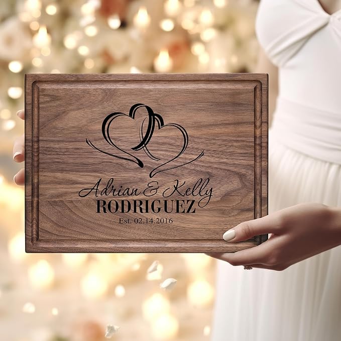 Personalized Cutting Board, Custom Wedding, Anniversary or Housewarming Gift Idea, Wood Engraved Charcuterie, for Newlyweds and Couples, Two Hearts Design 027