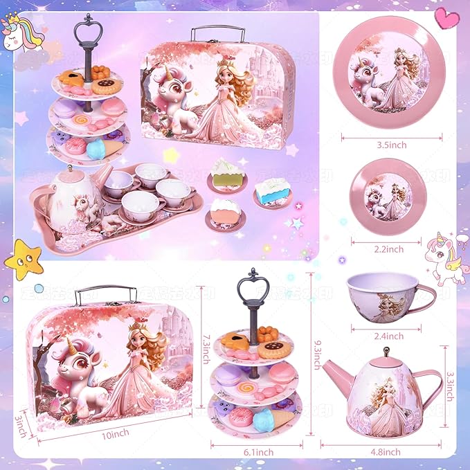 Unicorn Tea Party Set for Girls, Pretend Play Toy with Pink Tin Teapot, 4 Cups & Plates, Portable Carrying Case, Educational Gift for Toddlers Ages 3 4 5 6 7 (Swn)