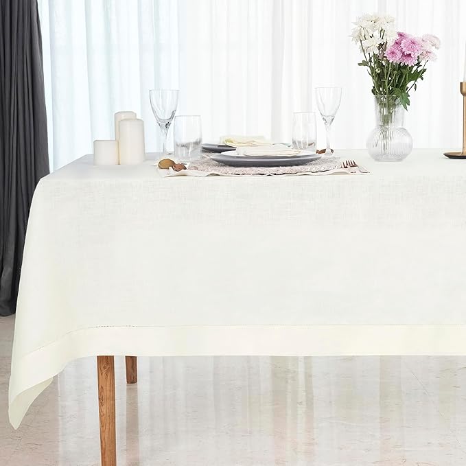 D'Moksha Homes Ivory Linen Tablecloth for Rectangle Tables 60 x 90 Inch - 100% Pure Linen Ivory Table Cloth - Classic Hemstitch, Machine Washable Tablecloth for Valentines, Spring, Easter