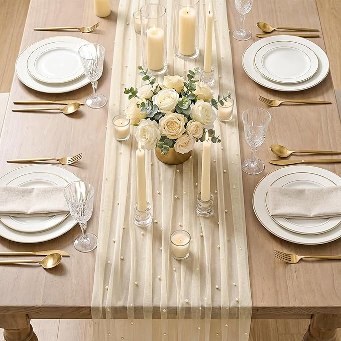 Artoid Mode Pearl Champine Gauze Table Runner 120 Inch 10FT, Seasonal Sheer Dining Holiday Wedding Birthday Baby Shower Table Decor for Home Party