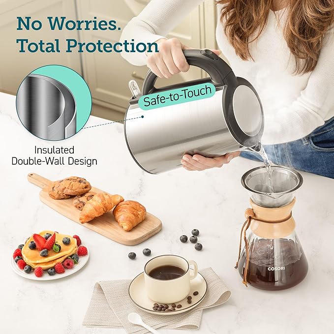 Cosori Electric Kettle, No Plastic Inner Lid, Filter & Spout, Stainless Steel Tea Kettle, Automatic Shut Off & Boil-Dry Protection, Durable Tea Kettle Boiler & Heater, 1.5L/1500W, Silver