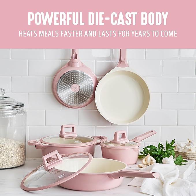 GreenLife 8 Piece Ceramic Nonstick Cookware Set, Induction Suitable Non Toxic PFAS-Free Pots & Pans, Dishwasher Safe, Cooking Set, Stock Pot, Saucepans & Frying Pans, Kitchen Cooking, Light Pink