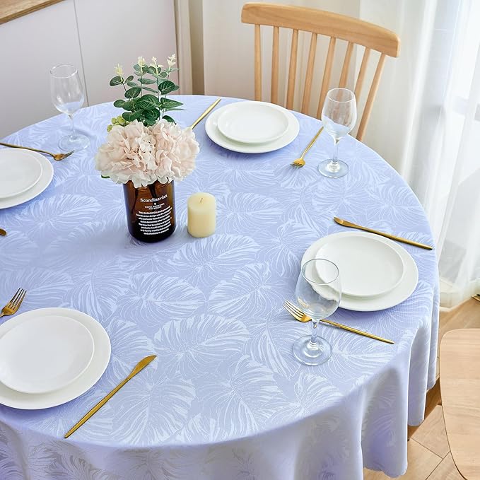 Round Tablecloth 60 Inch Purple Table Cloths Waterproof Washable Wrinkle Free Leaves Jacquard Fabric Table Cover for 20-48”Tables-Kitchen Dinning Outdoor Birthday Party Patio Decor