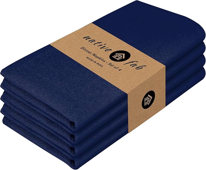 Native Fab Solid Cloth Napkin Set of 4, 100% Cotton, Washable, Reusable Dinner Cloth Napkin 17x17 inches, Table Decor Napkins for Dinner, Events, Ink Blue