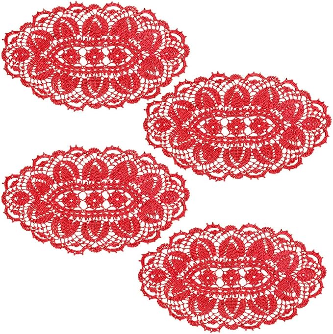 BIBITIME Lace Tablecloth Doily Handmade Crochet Placemat Women Vase Mat Kitchen Table Runner (4PCS- 12 x 22 in, Red)