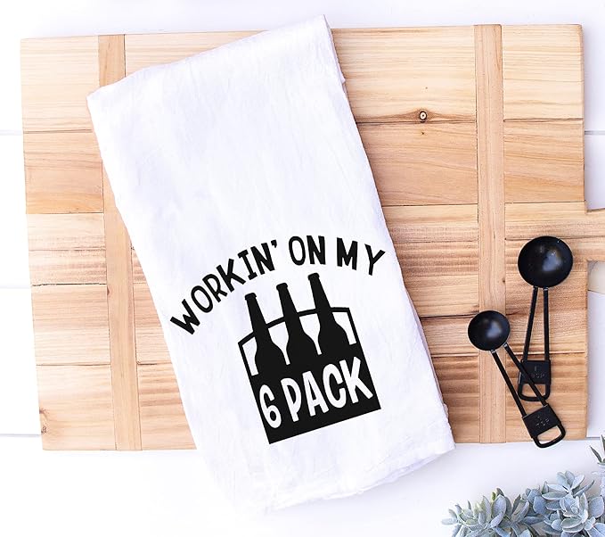 Handmade Funny Kitchen Towel - 100% Cotton Beer Run Hand Bar Towel for Kitchen - 28x28 Inch Perfect for Hostess Housewarming Christmas Mother’s Day Birthday Gift (Workin On My 6 Pack)