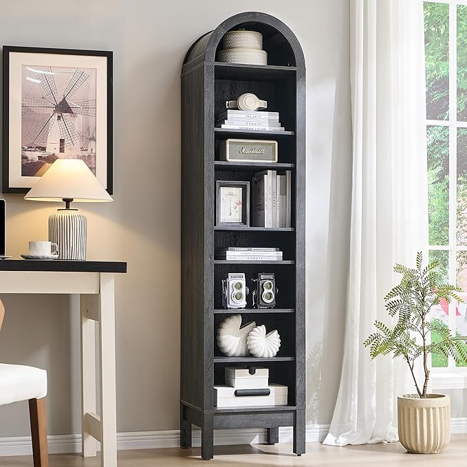 71" Tall Arched Bookshelf, 8 Tiers Arch Bookcase with Storage, Modern Farmhouse Book Shelf with Adjustable Shelves, Wood Bookshelf w/Open Display Shelves for Living Room, Office (Dark Grey)