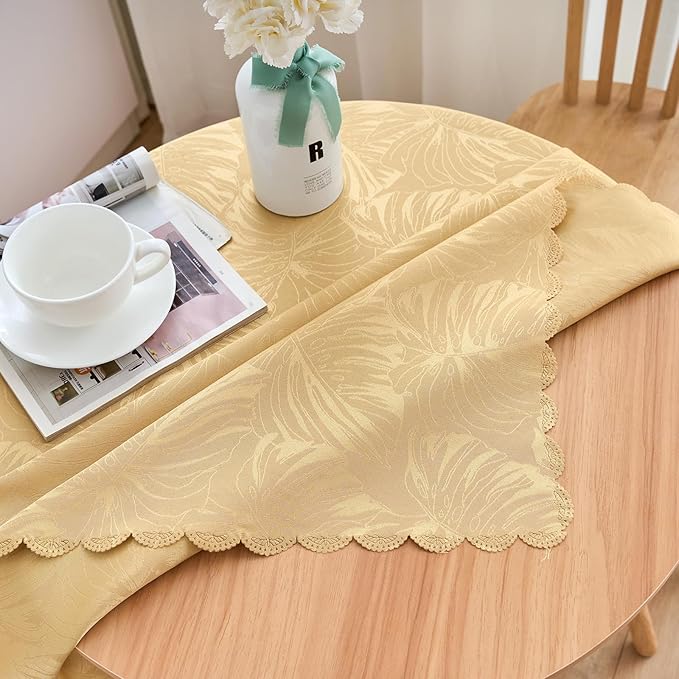 Square Tablecloth Small Table Cloths 36x36 Inch Up to 22" Tables Leaves Pattern Scalloped Edge Waterproof Jacquard Nightstand End Table Cover for Coffee Teapoy Table Room Decor (Golden)