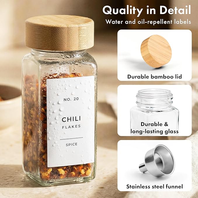 Square Spice Jars with Bamboo Wooden Lid (Pack of 24) Spice Jars with Shaker Insert and 240 Labels - Bamboo Lid Glass Container for Spice Organisation [4.3 in × 1.8 in]