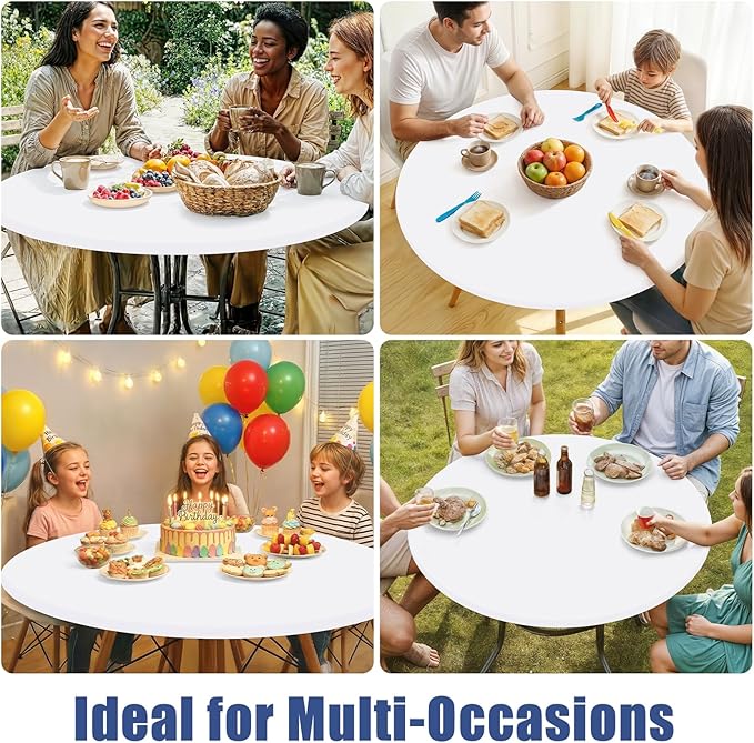 Round Spandex Tablecloth, Elastic Fitted Waterproof Tablecloths for 42"-50" Tables, Stretch Washable Picnic Table Cover for Camping, Dining, Indoor and Outdoor, White