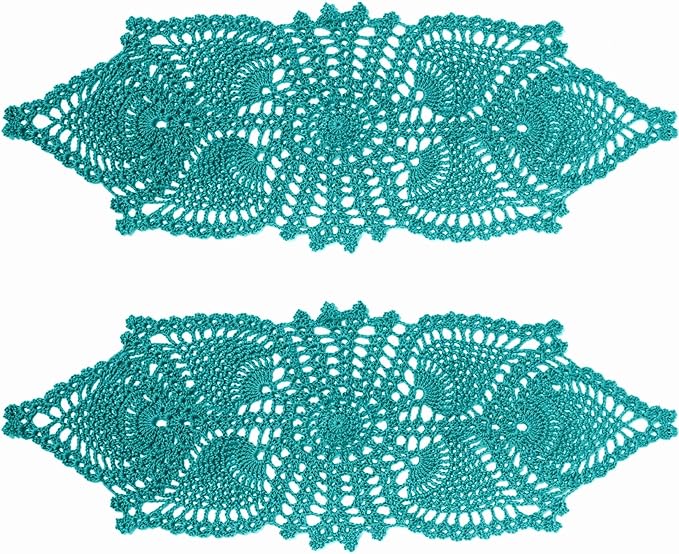 BIBITIME Crochet Lace Table Doilies Eyes Flower Doily Kitchen Vase Place Mats (7 in x 21 in,Pack of 2PCS, Style02-Peacock)