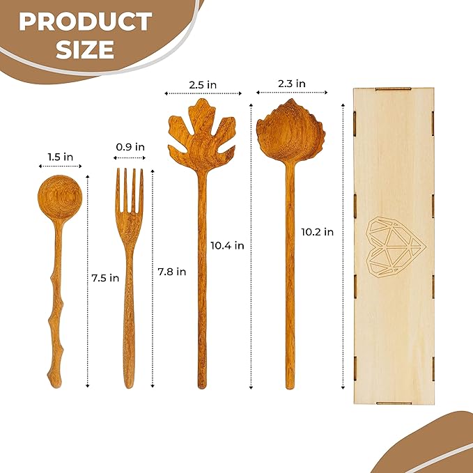 JABIHOME 4 Wooden Spoons and Forks Set, Valentines Hostess Gifts for Women, Couple Cooking Gifts for Women, Handmade Gifts, Nana Gifts