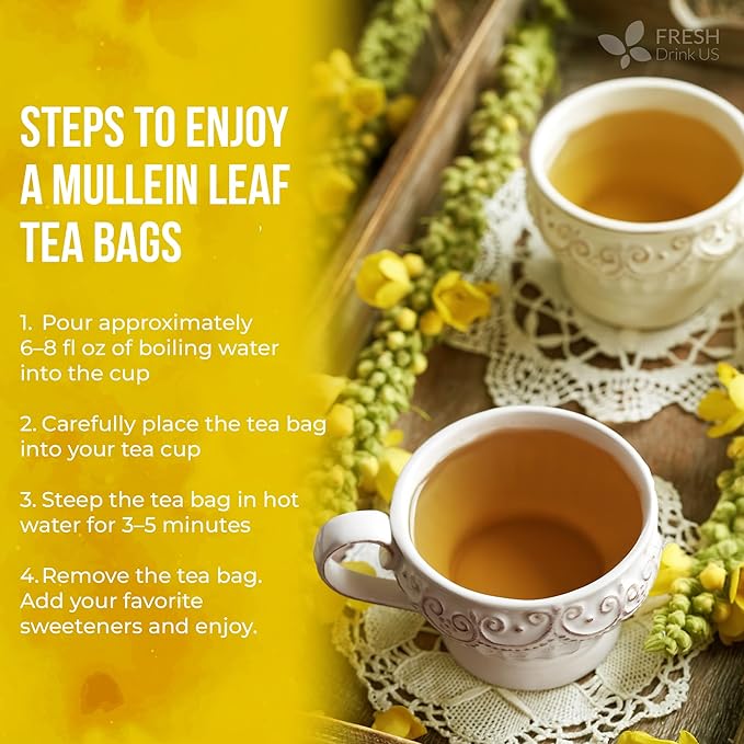 FreshDrinkUS, Premium 10 Mullein Leaf Tea Bags For Lungs, 100% Natural & Pure from Mullein Leaves. Loose Leaf Mullein Herbal Tea. Made with Natural Material Tea Bags. No Sugar, No Caffeine, No Gluten, Vegan.