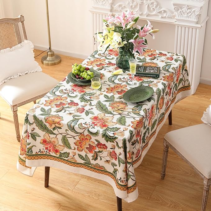 patdrea Designer Vintage Linen Rectangular Tablecloth,Provencal Rustic Floral Pattern Tablecloths,Decorative Table Cover Cloth for Kitchen,Dining,Tea Party,Home,Christmas,63"*94"