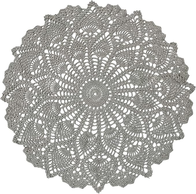 BIBITIME Lace Placemats Table Doilies Round Handmade Crochet Doily Kitchen Coffee Cup Mug Mats Dinner Place Mats (16 to 17.5 inches-1PCS, Grey)