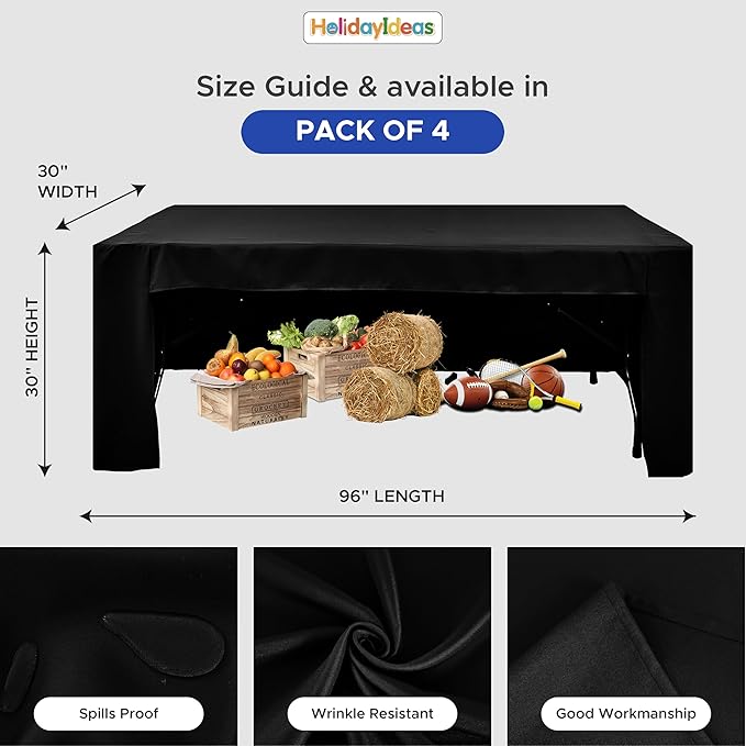 HolidayIdeas Open Back Fitted Black 8ft Table Cloths for Rectangle Table, Wrinkle Resistant Washable Table Cover 30x96 Inch for Craft Fairs, Banquet, Trade Show, 4 Pcs