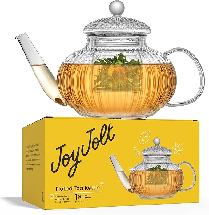 JoyJolt Fluted Glass Teapot Set 34oz, Stovetop Safe Tea Kettle, Borosilicate Clear Kettle with Removable Glass Infuser, Blooming and Loose Leaf Tea Maker and Brewer