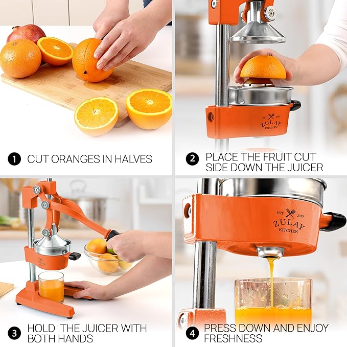 Zulay Kitchen Cast Iron Juicer - Easy-to-Clean Heavy-Duty Manual Juicer, Professional Citrus Juicer - Stainless Steel Lemon Squeezer - Manual Citrus Press & Orange Squeezer - Orange Juicer (Orange)