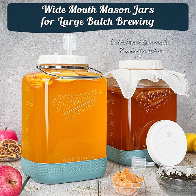 2 Pack Large Fermentation Jars with Airlock, 2 Gallon Glass Jar with Airtight Lid-Wide Mouth Mason Jar with Handle & Non-slip Base for Mead Making & Kombucha, Pickle Jar, Kimchi Containers